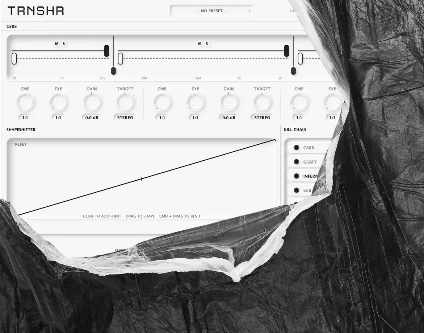 TRNSHR™ modular destruction VST plugin — multiband dynamics, hand-drawn waveshaper, grafting, modular routing. Mac & Windows.